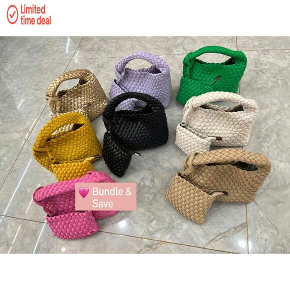 Mini Woven Vegan Leather Tote Bag, Crossbody Shoulder Purse with Zipper Pocket - Picture 8 of 8